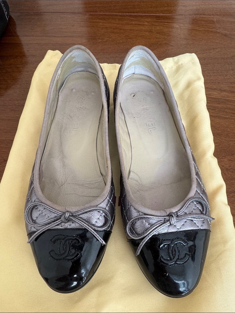 CHANEL Black Patent Cap Toe and Metallic Quilted Ballerina Flats